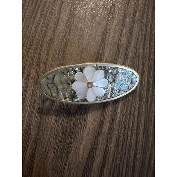 Vintage Mexican Abalone & Mother Of Pearl Flower Hair Clip Barrette - Picture 1 of 5